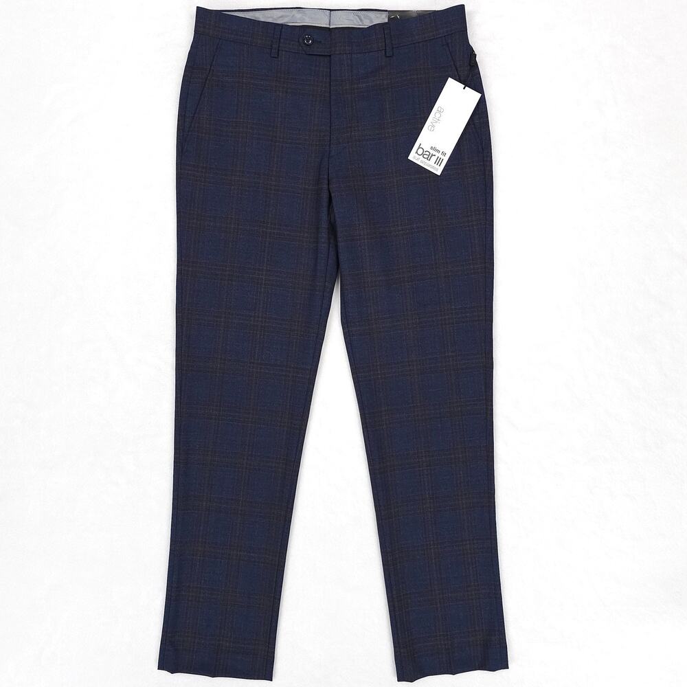 Bar III Mens Slim Fit Suit Pants 40x32 Navy Blue Tan Plaid Wool Stretch NWT